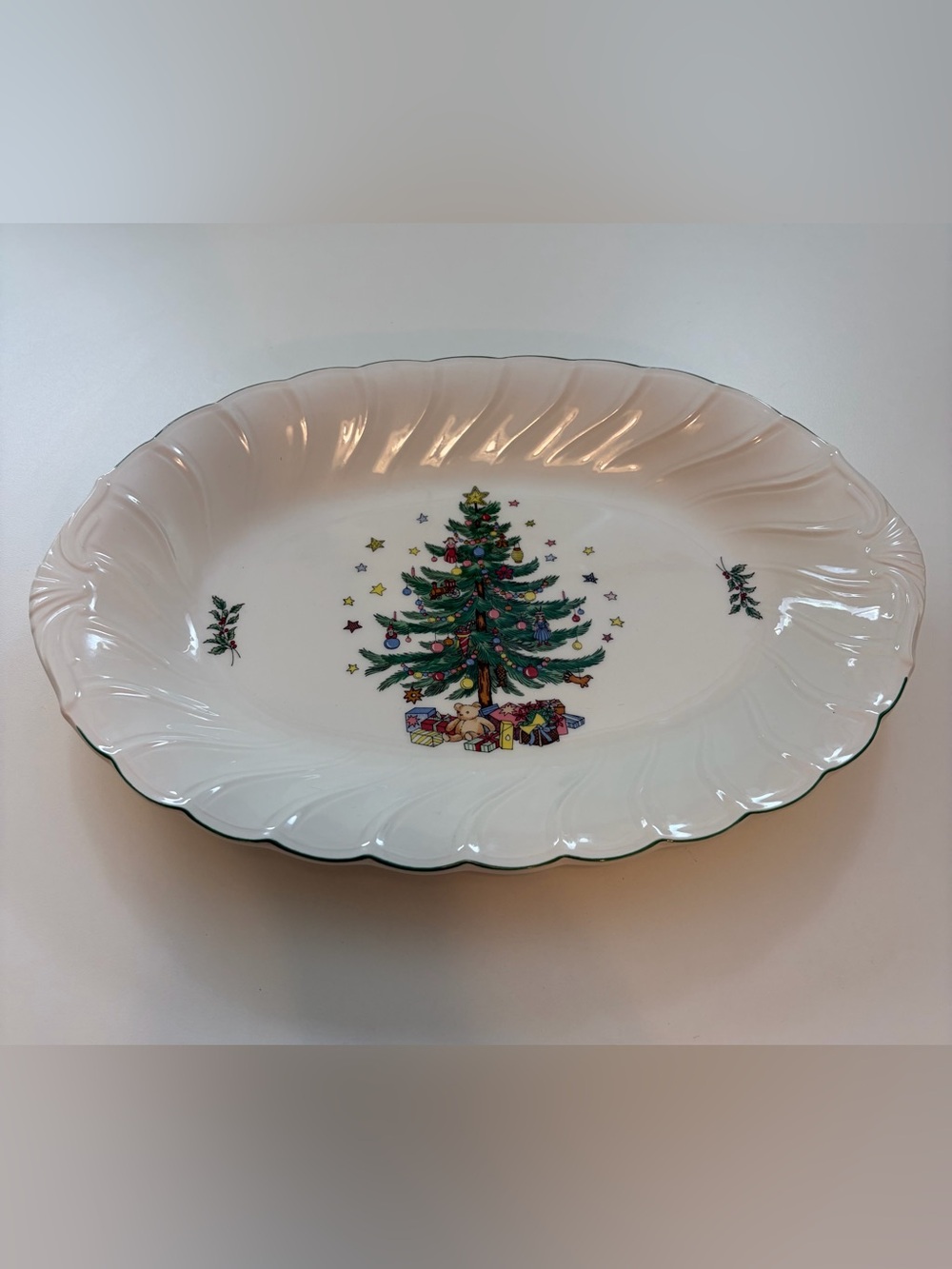 Vintage Nikko Happy Holidays 14" Oval Serving Platter Christmas Tree Japan Swirl